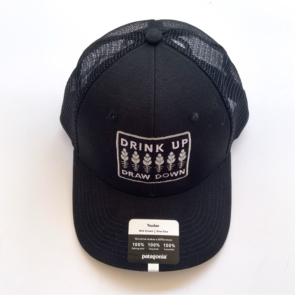 Patagonia Black Trucker Hat Drink Up Draw Down NWT